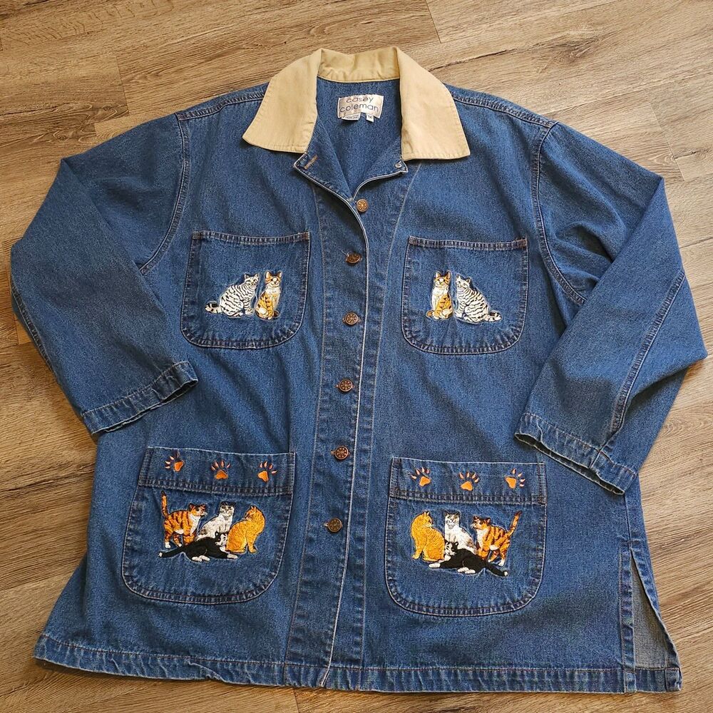 denim chore jacket 1x cat embroidery barn coat blue cottagecore spring denim - Picture 8 of 12